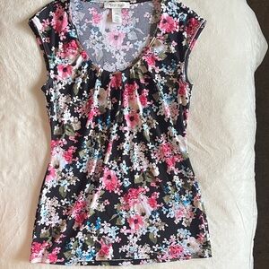 White House Black Market Floral Scoop Neck Blouse - Black, Pink, Blue